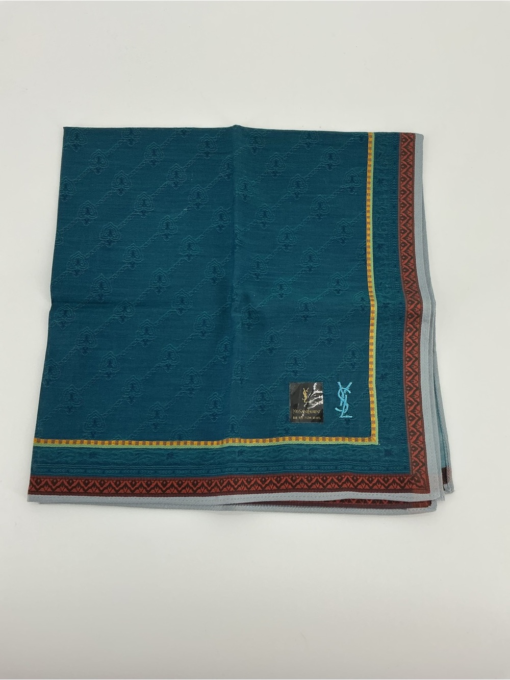 Yves Saint Laurent YSL Vintage Teal Geometric Square Scarf 16” - Picture 3 of 8